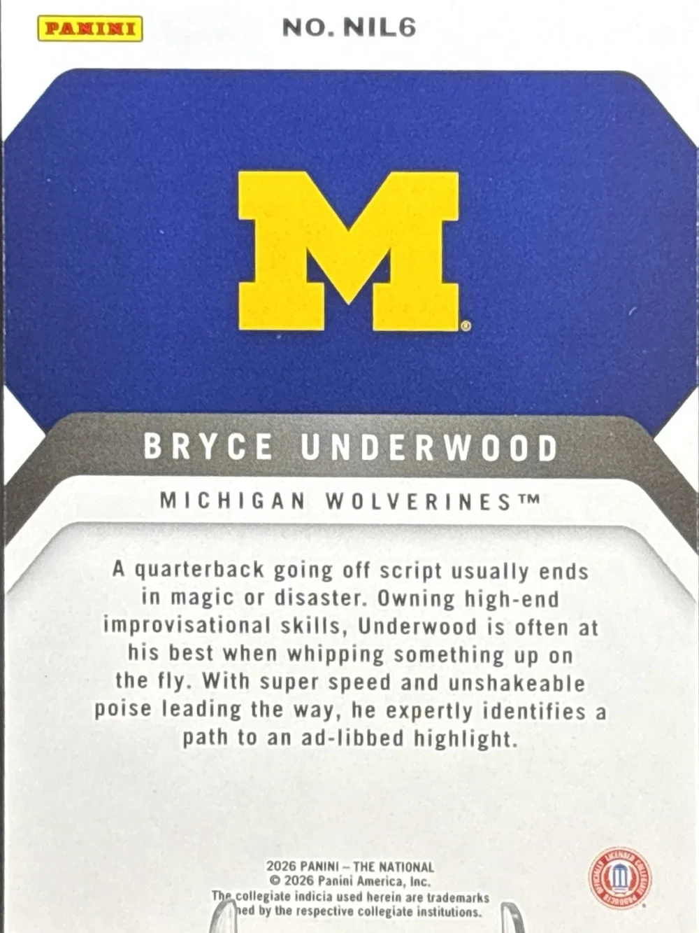 Panini Michigan Wolverines Bryce Underwood Rated Prospect Trading Card